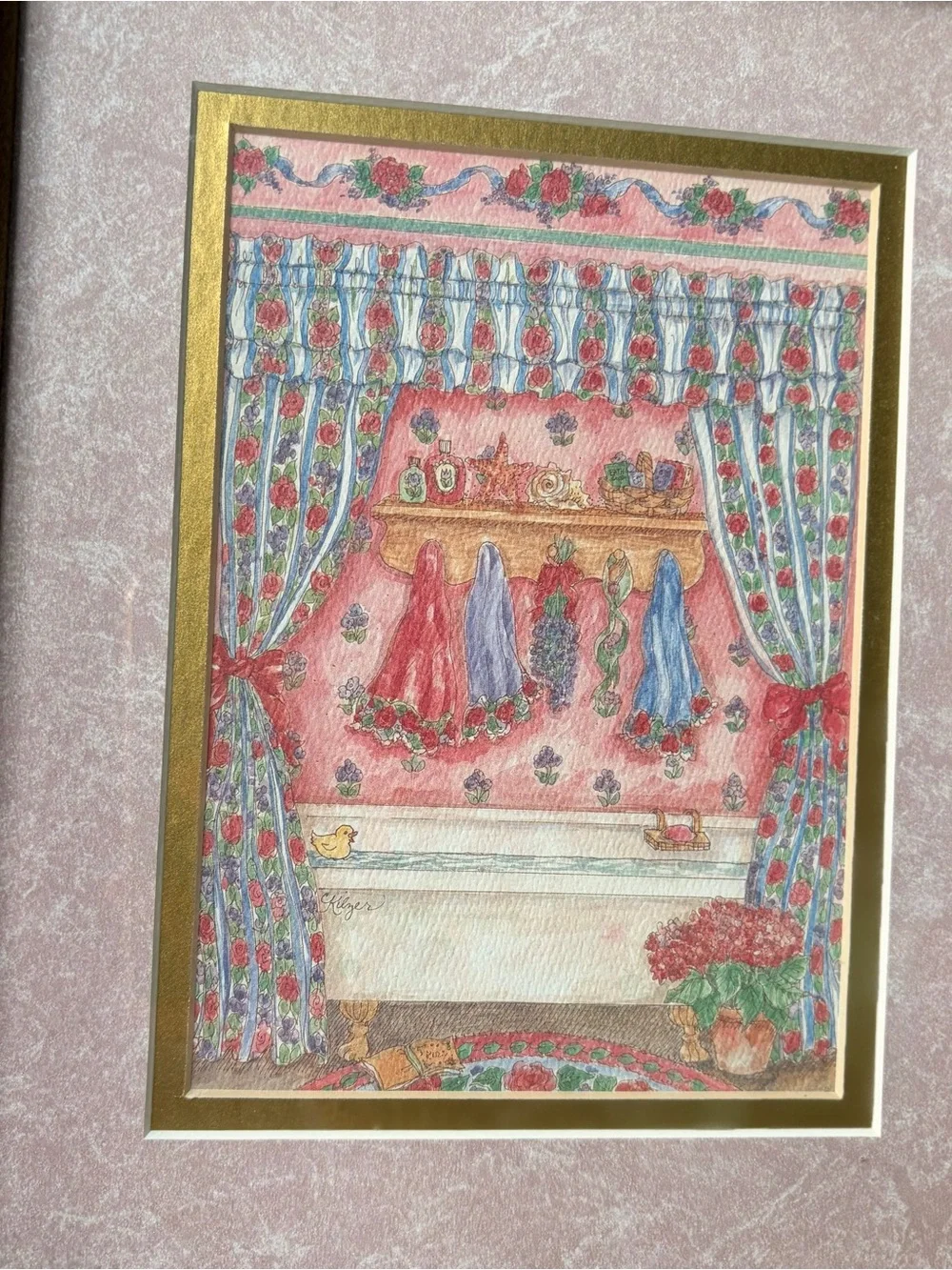 Framed Pink Floral Bathroom Art Print with Florals, Tub, Towels, & Curtains